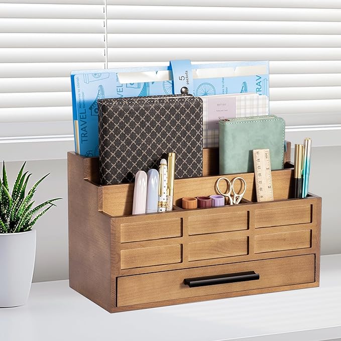 dreampossible Brown Wood Desk Organizer and Accessories with Drawer, Bill Mail Organizer and File Mail Holder for Office Supplies, Rustic Desk Accessories & Workspace Organizers