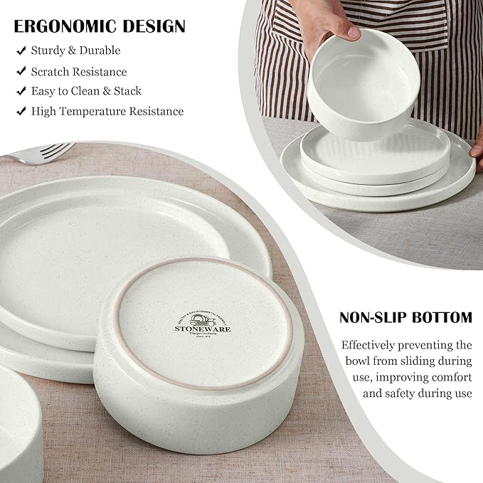 E-far Dinnerware Sets for 6, 18-Piece Stoneware Plates and Bowls Set, Modern Kitchen Dinning Dishware, Chip and Scratch Resistant, Microwave & Dishwasher Safe, Speckled White