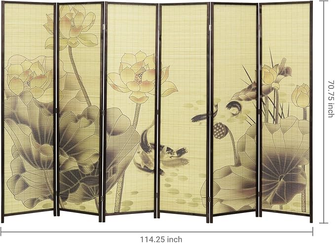 MyGift Decorative 6-Panel Folding Room Divider Bamboo Screen with Chinese Calligraphy Design, 6FT Freestanding Room Partitioner with Dark Brown Wood Frame 114.25''W x 70.75''H