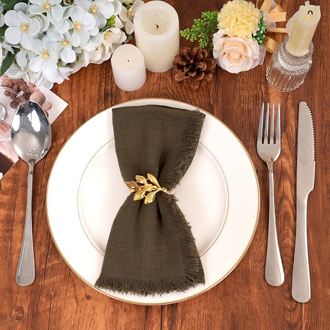 30 Packs Brown Napkins 16x16 Inch, Cotton Linen Handmade Cloth Napkins Bulk with Fringe - Soft Rustic Boho Napkins for Wedding, Party, Christmas Event Dinner Birthday Table Decor