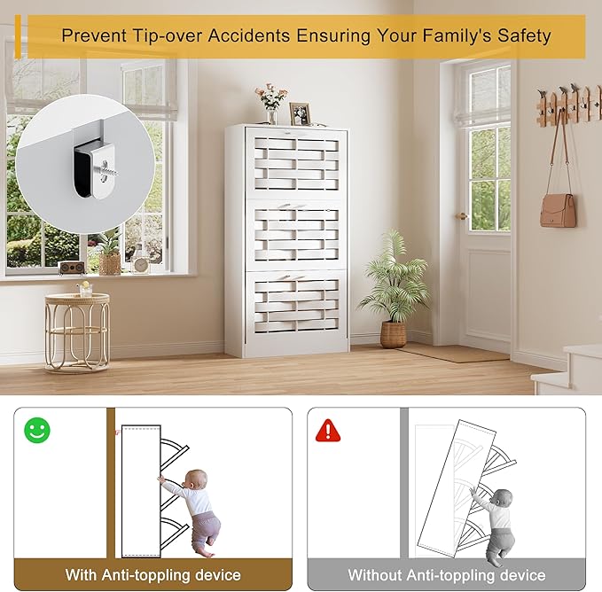 White Shoe Cabinet Storage with 6 Flip Drawers for Entryway, Slim Shoe Rack Cabinet with Woven Design Drawers, Narrow Shoe Organizer for Hallway, Apartment (White, 6 Drawers)