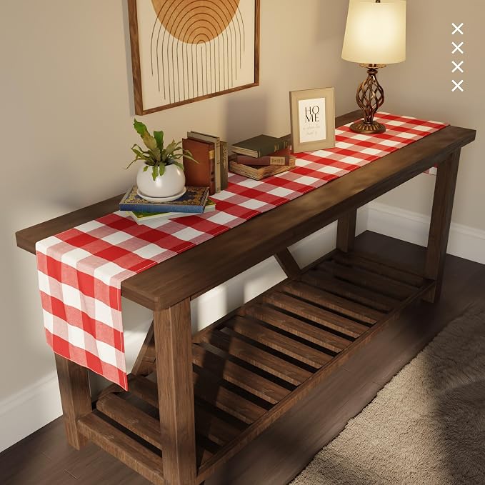 Encasa XO Cotton Dining Table Runner | Buffalo Red Checks | Size 13x48 in - Machine Washable & Durable
