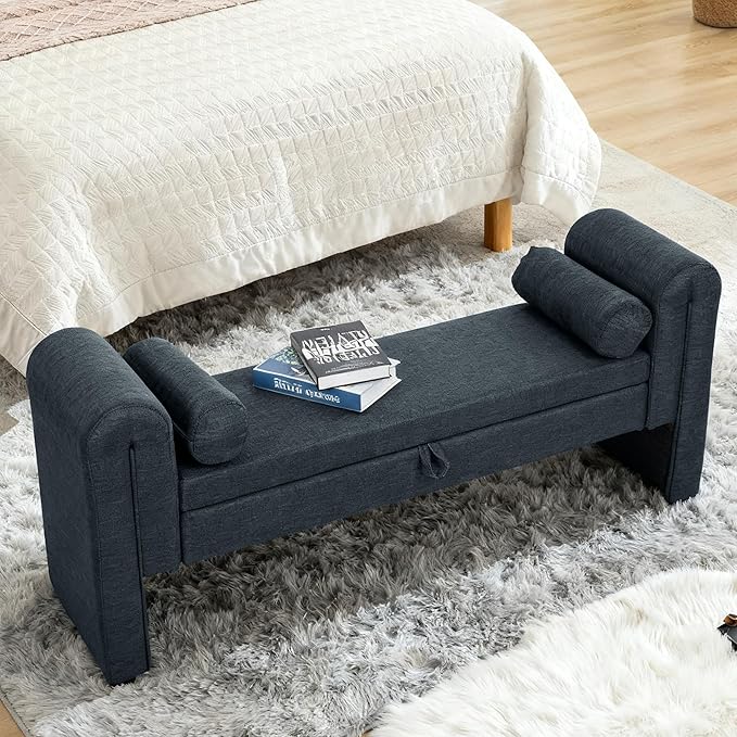 60.5" End of Bed Bench Storage Bench for Bedroom,Soft Linen Upholstered Ottoman Bench with Rolled Arms, Eentryway Bench with Storage for Living Room,Hallway, Dressing Room (Light Blue)