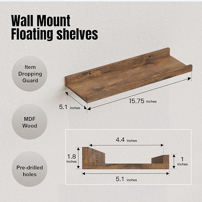 RICHER HOUSE 8 Set Floating Wall Mounted Shelves, Nursery Hanging Book Shelves with Lip for Storage, Display Picture Ledge Shelf for Bedroom Bathroom Kitchen Living Room Wall Decor, Rustic Brown