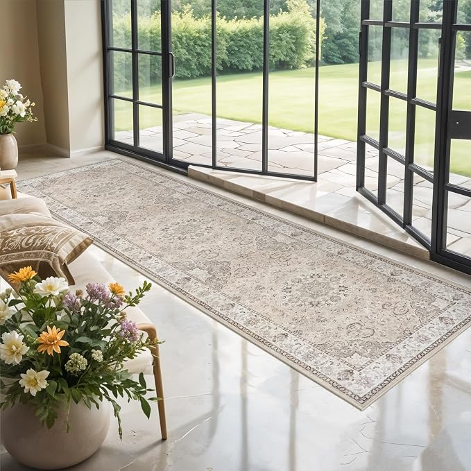 Hallway Washable Runner Rug - 3x10 Kitchen Rugs Entryway Rug Runner Vintage Soft Floor Mat Non Slip Indoor Farmhouse Carpet for Bathroom Living Room Bedroom (3 X 10, Beige)