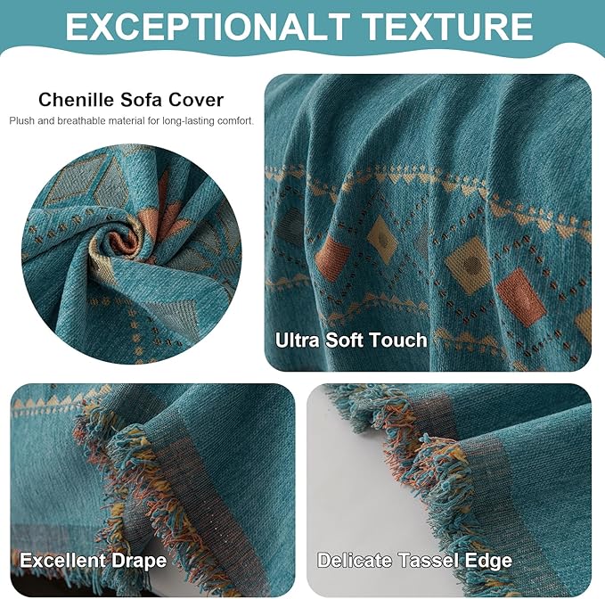 VClife Boho Couch Cover Green Geometric Jacquard Pattern Sofa Cover, 1 Piece Large Couch Covers for 3 Cushion Couch Sofa Washable Plush Chenille Sofa Protector for Living Room, 71x150 Inch