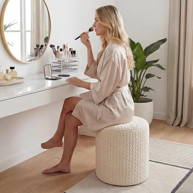 Modern Round Vanity Stool, Small Wheat Pattern Ottoman, Cute Velvet Foot Stool, Tufted Fabric Footrest, Upholstered Vanity Chair, Stool for Makeup, Bedroom, Living Room (1PCS, Wheat Pattern-Beige)