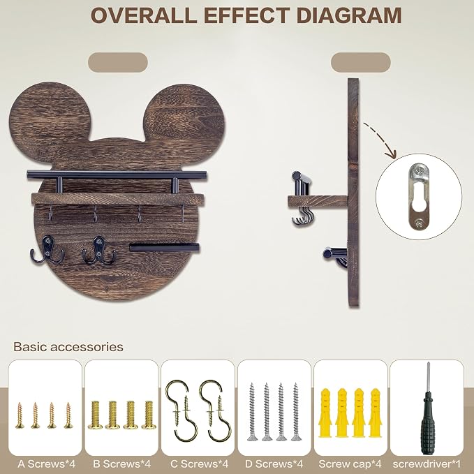 AIRPOP Key Holder for Wall–Mouse Wooden Mail Organizer Wall Mount with Shelf and 6 Hooks, Easy Installation Key Rack Hanger for Entryway Living Room Home Decor (Brown)