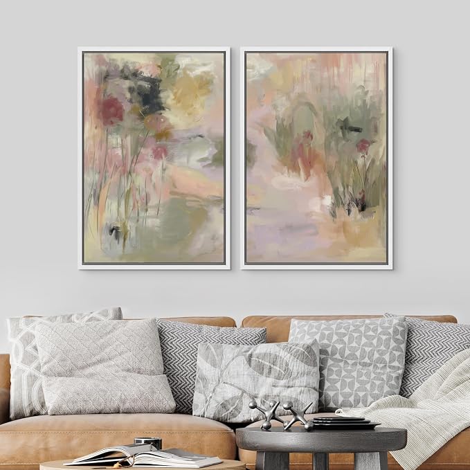 SIGNLEADER Framed Canvas Print Wall Art Set Soft Abstract Pastel Floral Impressionist Botanical Illustrations Modern Multicolor for Living Room, Bedroom, Office - 16"x24"x2 WHITE
