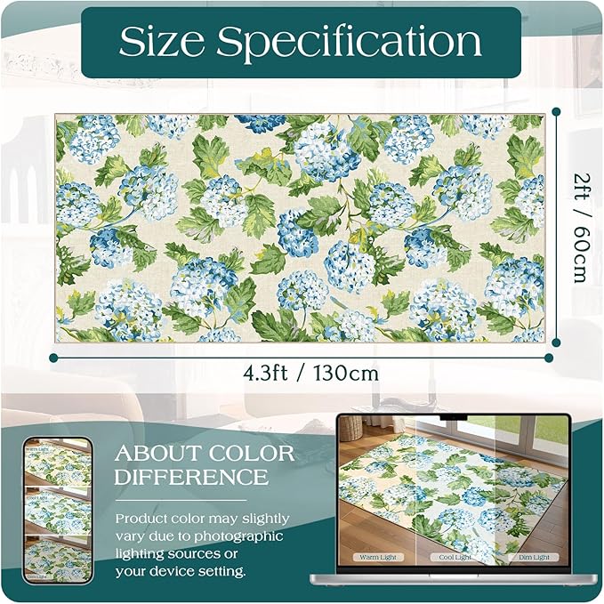 Front Door Mat Indoor Entrance - 2x4.3 Ft Spring Washable Layered Doormat Outdoor Entrance Porch Rug Non-Slip Light Blue Green Floral Runner Rug for Kitchen Bedroom Laundry Room Porch Decor