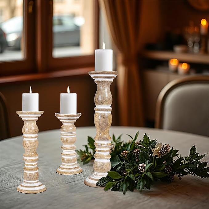 Wooden Candle Holder Set of 3 - Handcrafted Pillar Candle Stand (15", 12", 9") - Rustic Mango Wood Decorative Candle Holders for Home, Living Room, and Dining Table - Distress White