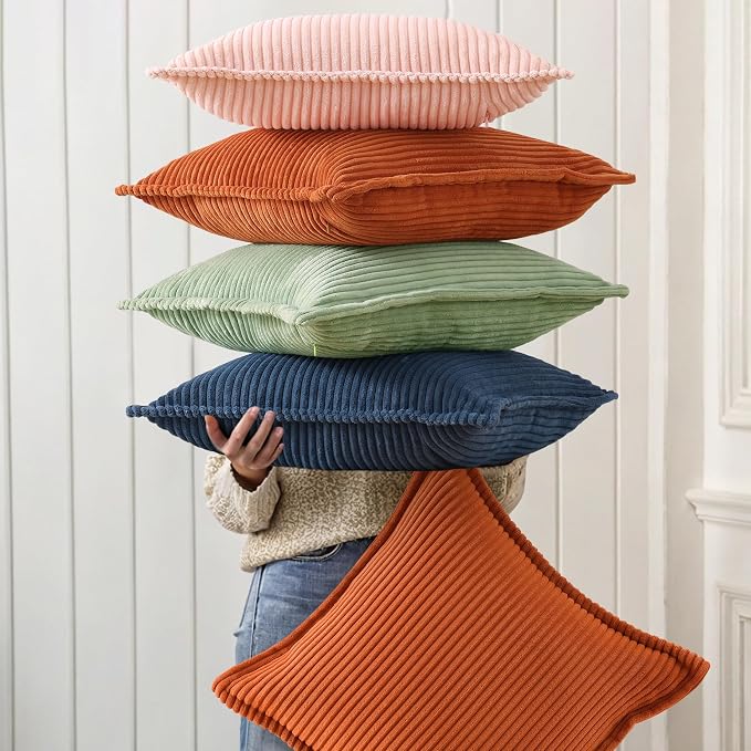 decorUhome Summer Patriotic Corduroy Navy Blue Coastal Throw Pillow Covers 16x16 Set of 2 Decorative Soft Boho Farmhouse Couch Pillow Covers for Bed Sofa Broadside Striped Pillow Cases