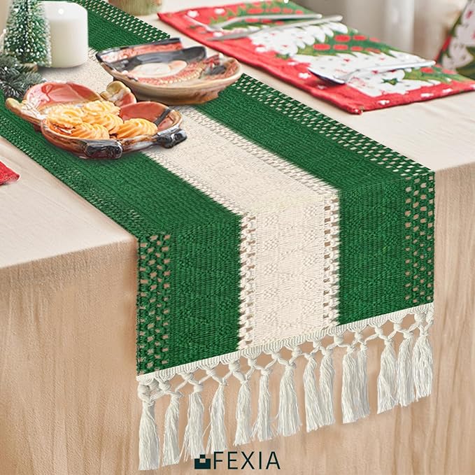 FEXIA Green Table Runner 72 Inches Long with Tassels Sage Green Table Runners for Farmhouse Home Decor Bohemian Dining Bedroom Decor (12x72 Inches)