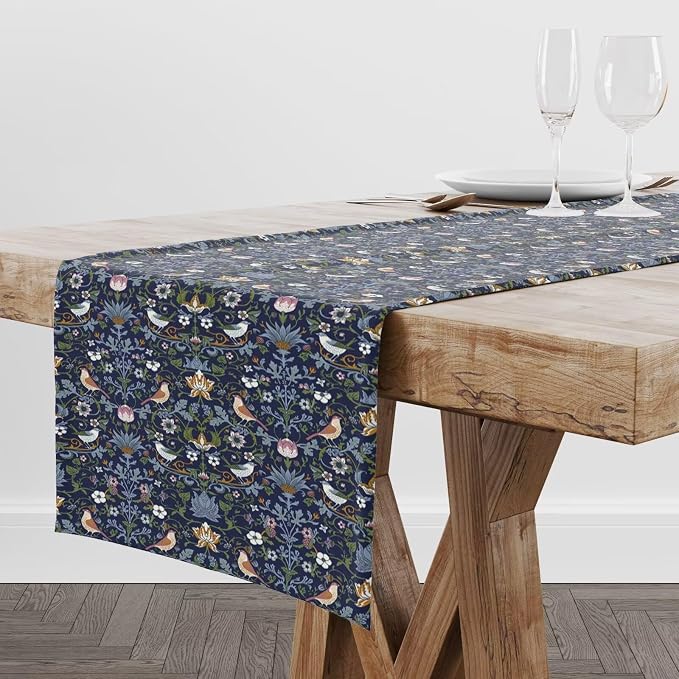 William Morris Vintage Flower Table Runner, Beautiful Vintage Boho Floral Tree Plant Birds Pattern Dinner Runner for Home Kitchen Dining Table 13x90 Inch