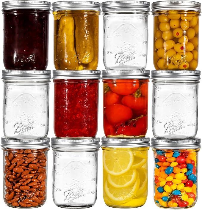 Ball Regular Mouth Mason Jars 8 oz. (12 Pack) - Half Pint Size Jars with Airtight Lids and Bands for Canning, Fermenting, Pickling, Meal Prep or DIY Decors and Projects Bundled with Peaknip Jar Opener
