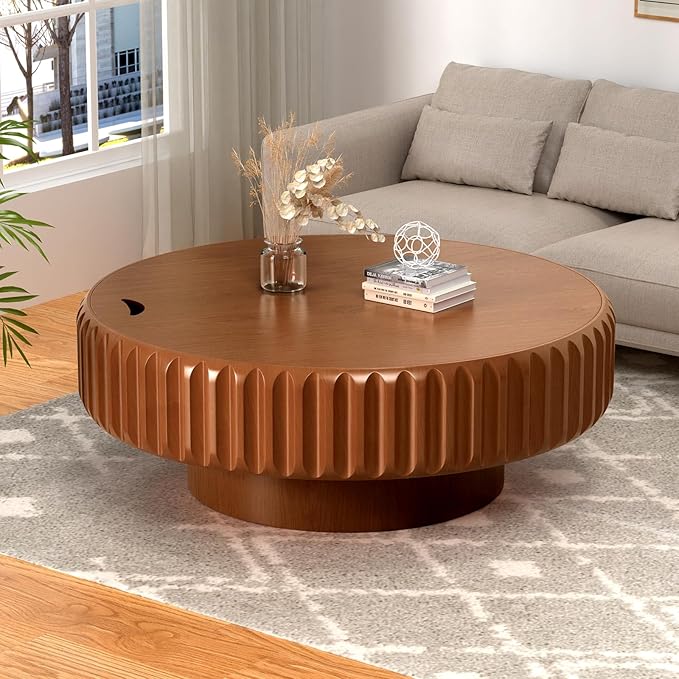 39.37'' Wooden Round Coffee Table with Storage, Modern Luxury Circle Drum Center Tables with Solid Wood Fluted, Accent Round Coffee Table for Living Room Apartment Small Space, Walnut