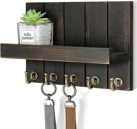 Rebee Vision Pine Wood Key Holder Wall Mount with Floating Shelf – Farmhouse Key Holder for Wall to Maximize Storage Solutions – Mail Organizer for Office Decor (3.54" x 10" x 7.28", Distressed Black)