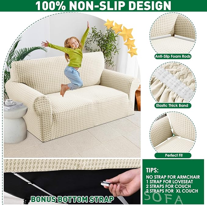 MAXIJIN Stretch Loveseat Couch Cover for 2 Cushion Couch (55"-69" Washable Sofa Slipcovers with Non-Slip Foam & Elastic Strap, Dog Cat Pet Friendly Furniture Protector (Medium, Beige)