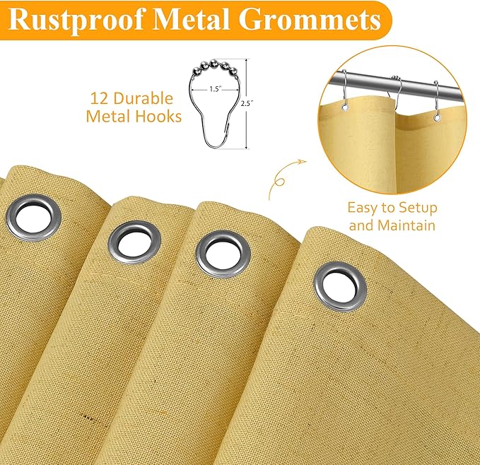 Naturoom Yellow 48 Inch Shower Curtain - Stall Narrow Half Linen Ultra Thick Fabric Shower Curtain Set with Hooks, Boho Farmhouse Rustic RV Camper Bath Curtains for Bathroom, 48x72