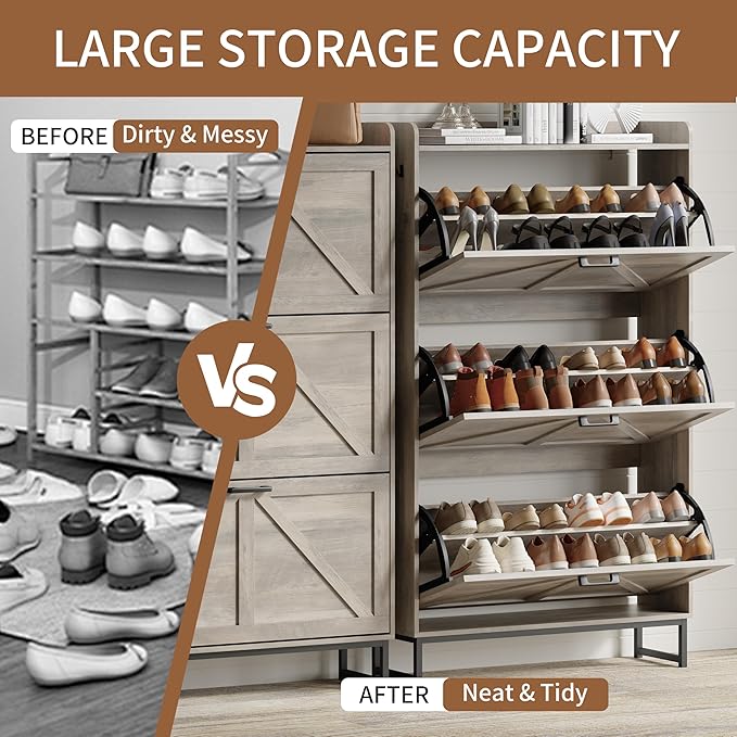 Shoe Cabinet with 3 Flip Drawers, Freestanding Hidden Shoe Storage Organizer for Entryway, Narrow Slim Shoe Rack Cabinet with Open Storage & Hooks for Front Door Entrance, Living Room, Hallway, Grey
