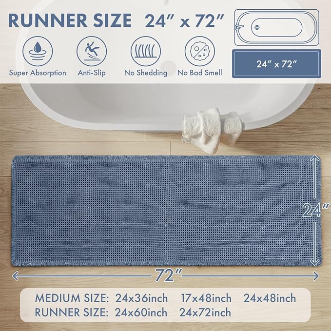 MIULEE Waffle Bathroom Runner Rugs, Super Absorbent Non Slip Bath Rug, Upgraded Soft Quick Dry Washable Boho Long Bath Mat with Tassels for Hallway Laundry Room Bedroom, 2'x6' (24"x72"), Blue