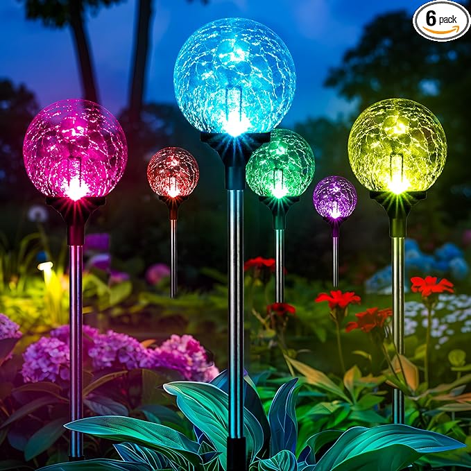 GIGALUMI Solar Garden Lights 6 Pack, Solar Lights Outdoor Decorative Waterproof, Outdoor Solar Lights for Yard Decorations, Multi-Colored Changing Garden Globe Cracked Glass Ball with LED Lights