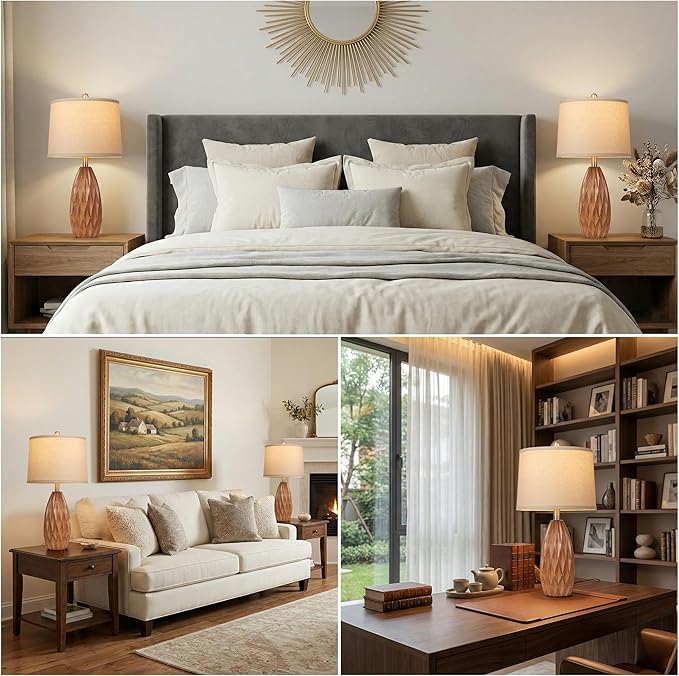 Wood Grain Color Resin Table Lamp, Modern Table Lamp for Living Room, Bedside Lamp Set of 2, Bedroom Lamp for Nightstand with Linen Shade, Diamond-Shaped Lamp Body,Desk Lamp for House (Bulbs Included)