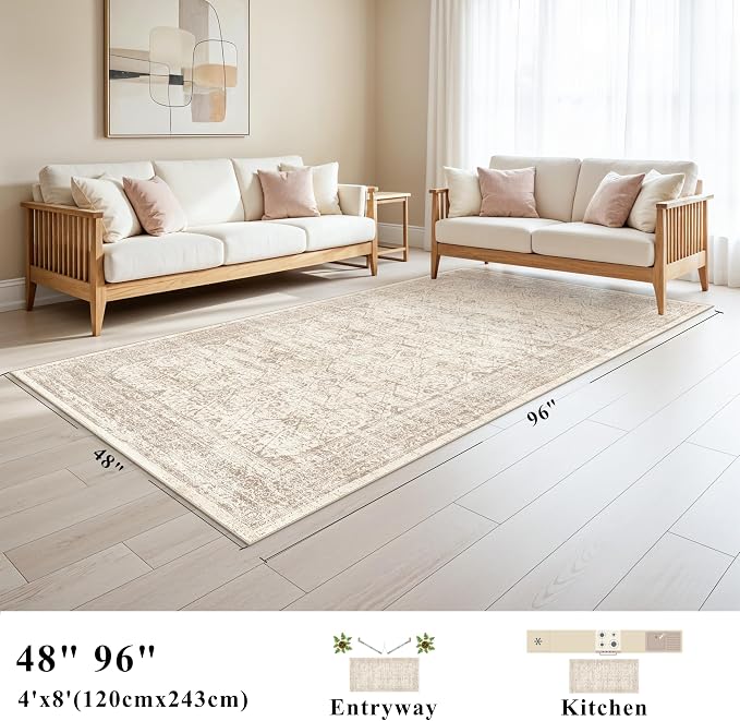 4x8 Rug Runner Indoor Kitchen Washable: Non Slip Area Rug for Entry Hallway Farmhouse Vintage Rug Runner for Bathroom Entryway Low Pile Soft Door Mat for Living Room Bedroom (Brown/Ivory 4'x8')