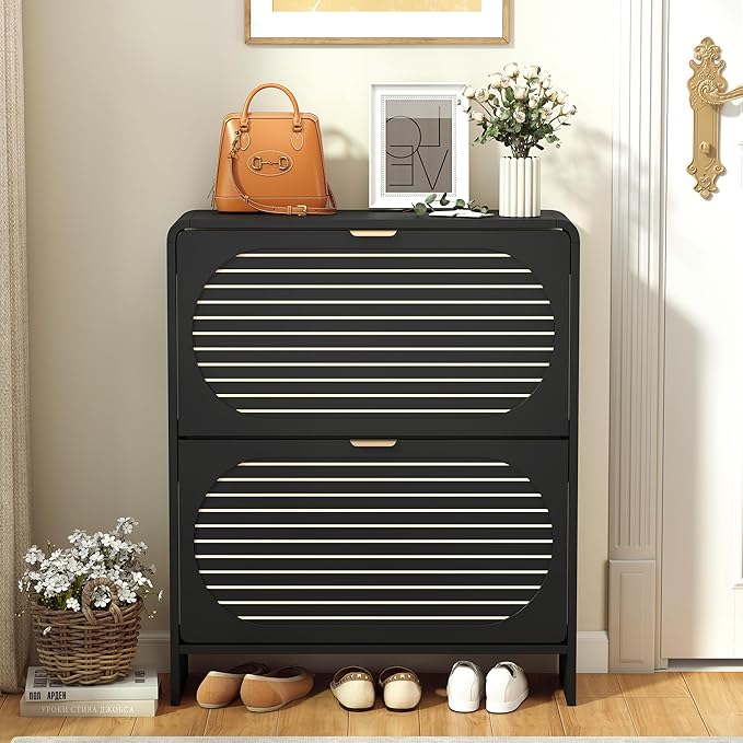 27" Mid-Century Modern Shoe Storage Cabinet for Entryway, 2 Flip Drawer Wood Shoe Cabinet with Curved Corner & Arched Fluted Pattern, Hidden Narrow Shoe Organizer for Living Room (Black,with Divider)