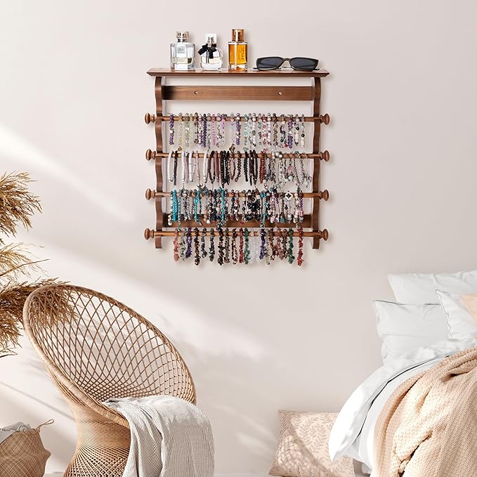 Donmills 4-Tier Wall-Mounted Wooden Bracelet Holder – Brown Jewelry Display Rack with Top Shelf for Perfume, Sunglasses & Accessories – Hanging Organizer for Bracelets, Bangles, Watches & Necklaces