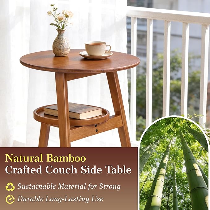 Bamboo Round Side Table, 2-Tier Small Space End Table with Storage Shelf, Mid-Century Modern Rustic Style Narrow Table for Living Room Bedroom Sofa Side