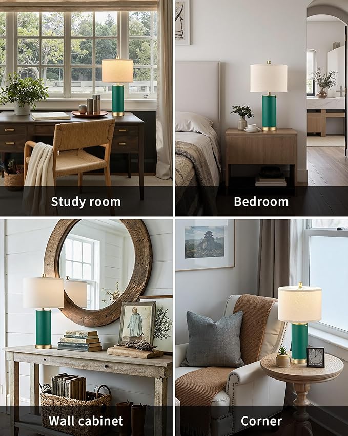 KDG 23.4" Green PU Leather Table Lamps for Living Room Set of 2, E26 Socket Modern Home Decor Fabric Lampshade Desk Lamp Lighitng for Bedroom, Bedside, Farmhouse, Nightstand, Night Light