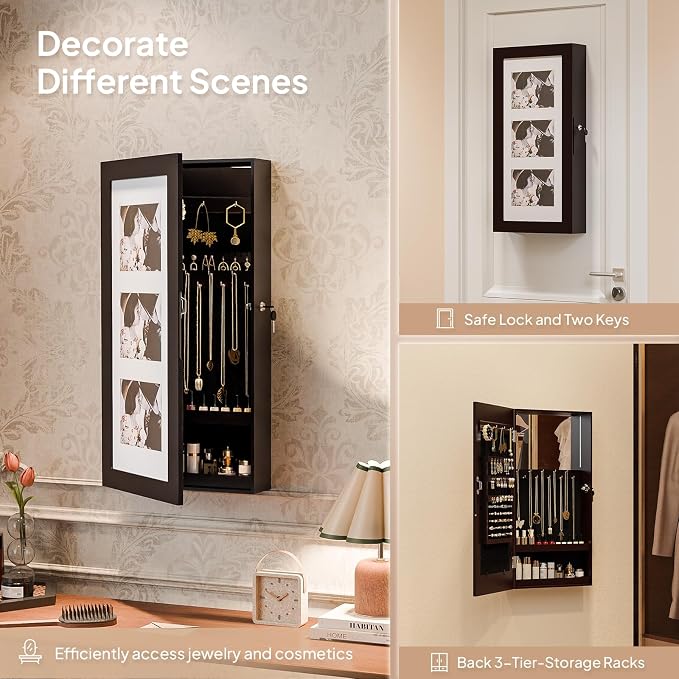 VINGLI Brown Wall-Mounted Jewelry Organizer for Women, 3-in-1 Photo Frame, Mirror & Lockable Storage Cabinet, Hanging Jewelry Box for Earrings, Rings, Necklaces, and Bracelets, Space-Saving Gift