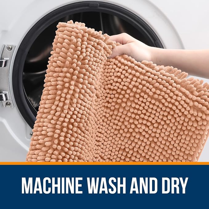 OLANLY Toilet Rugs U-Shaped 24x24, Extra Soft Absorbent Chenille Contour Bathroom Rugs for Toilet, Dry Quickly, Machine Washable, Non-Slip Bath Mat, Peach