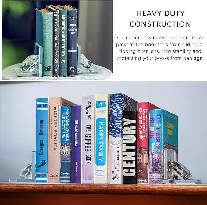 1 Pair Crystal Bookends with 80mm Clear Diamond, L Shaped Heavy Duty Book End for Shelves Non Skid Bookends Book Stopper, 4inch