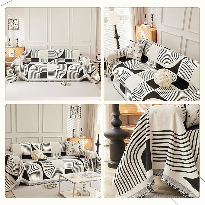 WEYOND Boho Couch Cover Sofa Covers Washable, Chenille Couch Covers for 3 Cushion Couch Sofa Pet Friendly, Bohemian Sofa Slipcovers for Sectional Sofa, Loveseat, 2 3 4 Seater (71" x 102", Black)