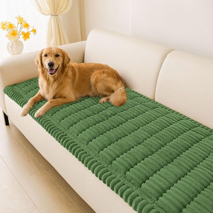 hyha Couch Cover for Dogs Washable, Non Slip Thick Flannel Sofa Protector, Pet Friendly Plush Furniture Cover for Sectional Sofa & Loveseat (Olive Green, 35.4" x 88")