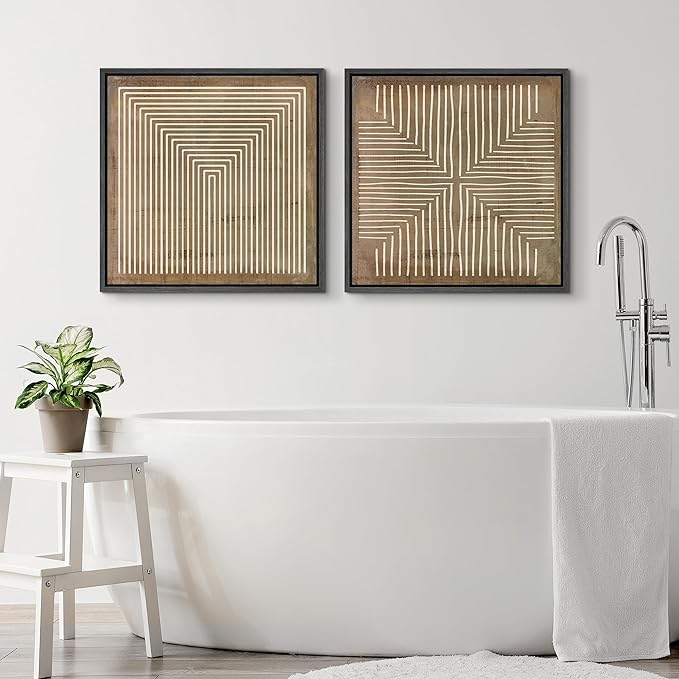 SIGNFORD Framed Canvas Print Wall Art Set Linear Abstract Monochromatic Lines and Abstract Form Illustrations Modern Art Minimal Relax/Calm for Living Room, Bedroom, Office - 16"x16"x2 Black