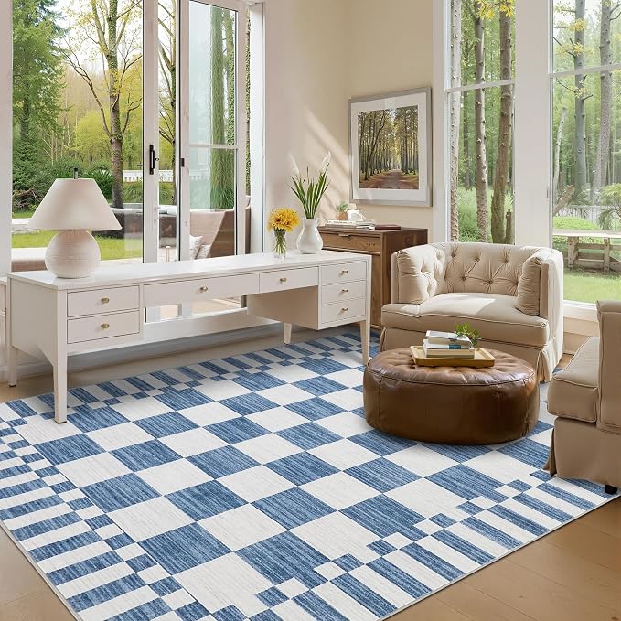 GarveeHome Dark Blue Checkered Rug 6×9 Area Rugs for Living Room,Non-Slip Washable Rug Soft Low-Pile,Neutral Modern Checkerboard Farmhouse Geometric Rugs for Bedroom Dining Room