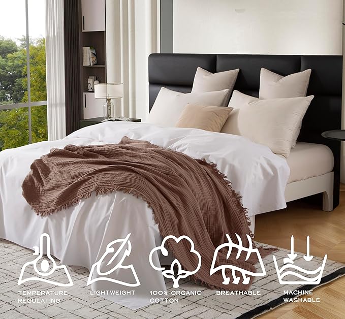 KyraHome 100% Cotton Throw Blanket, 60"x80" Large Plant Dyed Lightweight Breathable Thin Soft Summer Gauze Muslin Blankets for Adults, Boho Cotton Throw for Couch, All Season (Brown)