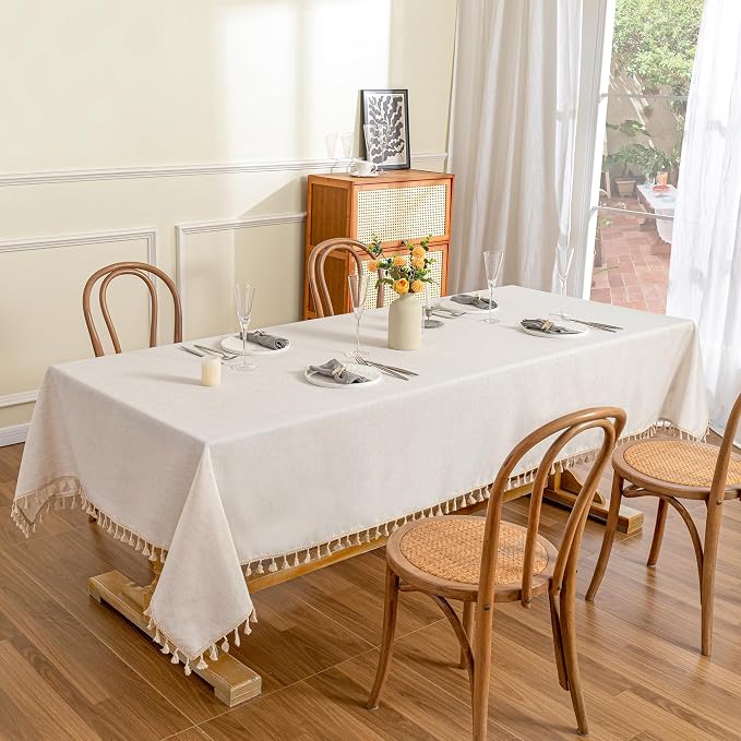 MYSKY HOME Table Cloth 60x120 in Rectangle Table, Heavy Duty Cotton Tassel Linen Look Waterproof Tablecloths Farmhouse Tablecloth Wrinkle Free Table Cover with Tassels for Kitchen Dining, Party