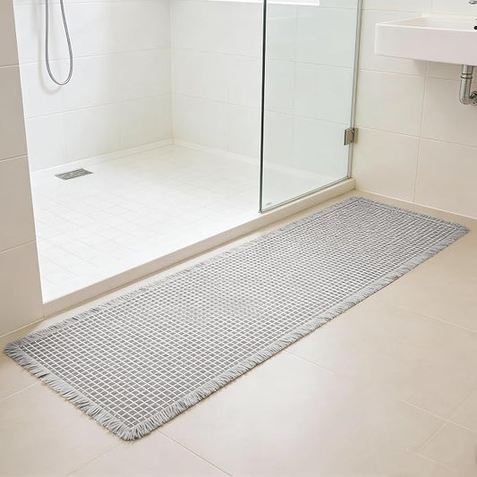 Waffle Bath Mat Non Slip, Boho Runner Rug, Super Absorbent Quick Dry Long Bath Runner Bathroom, Soft Farmhouse Bath Rug with Tassels, Washable Shower Mats for Floor 24"x48", Light Grey