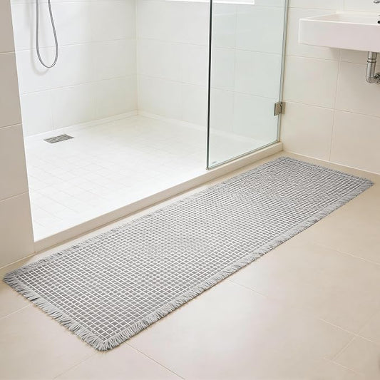 Waffle Runner Rug Non Slip, Boho Bath Mat, Super Absorbent Quick Dry Long Bath Runner Bathroom, Soft Farmhouse Bath Rug with Tassels, Washable Shower Mats for Floor 24"x72", Light Grey