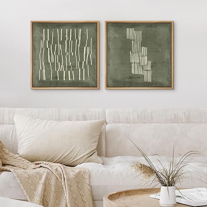 SIGNFORD Framed Canvas Print Wall Art Set Fragmented Lines in Green and White Illustrations Modern Art Relax/Calm for Living Room, Bedroom, Office - 16"x16"x2 Natural