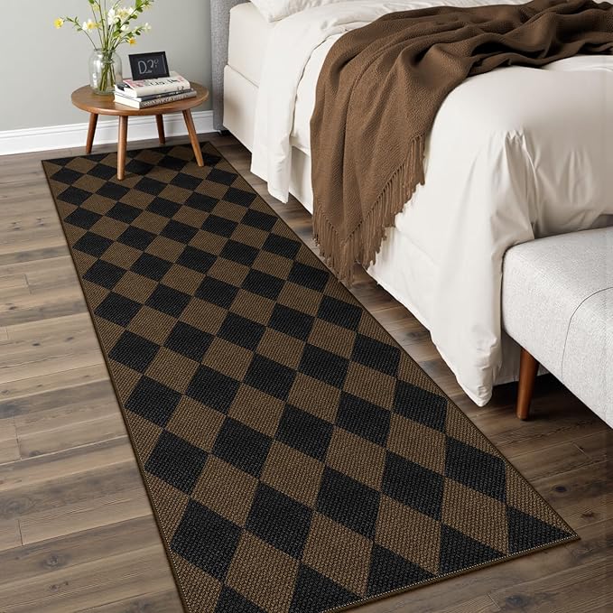 Rugalia Easy Jute Checkered Runner Rug, 2.6x8 Coffee Modern Washable Rugs Runner for Hallway Non-Slip Kitchen Runner Rug, Geometric Diamond Indoor Outdoor Carpet for Porch Laundry Entryway