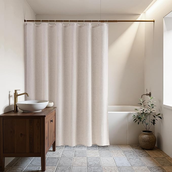 Naturoom Linen Shower Curtain 80 Inch Long for Bathroom Boho Farmhouse Fabric Shower Curtains Set with Hooks Neutral Cloth Modern Cottage Core Waterproof,Birch Beige