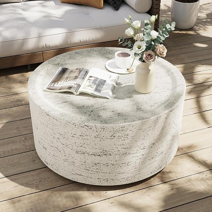 UPHA 28" Round Outdoor Coffee Table, Modern Hollow Concrete Patio Table, Small Minimalist Low Accent Table for Living Room, Balcony, Deck, Backyard, Off-White