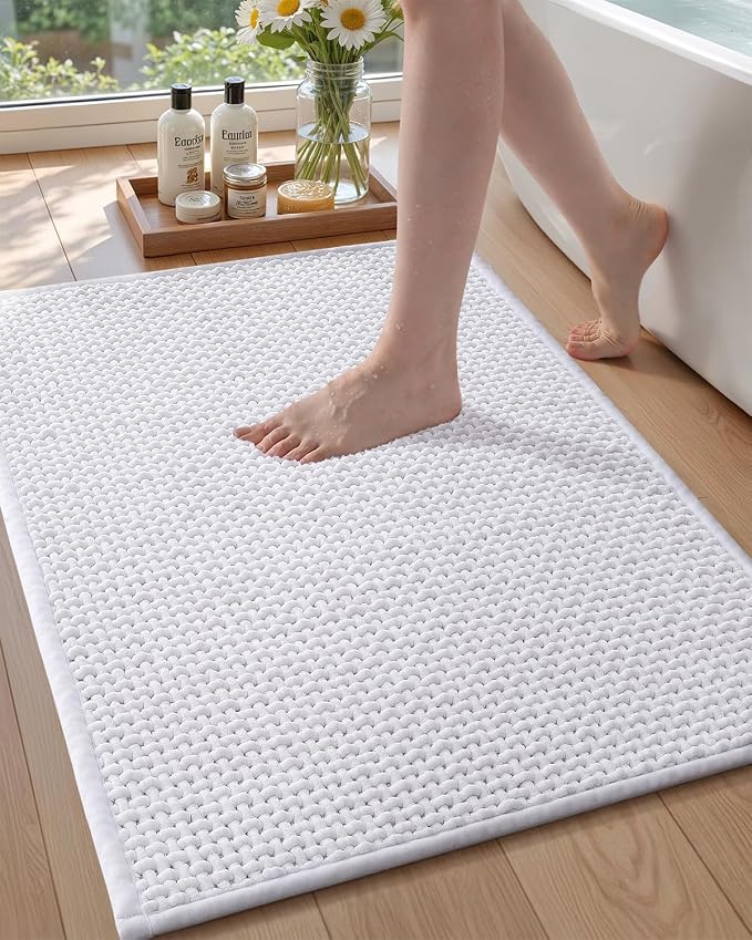Color&Geometry Rubber Backed Waffle Bath Mat 30x17,Non Slip Water Washable Bathroom Rugs, Soft Absorbent Chenille Boho Carpet for Bathroom Floor, Tub and Shower, White