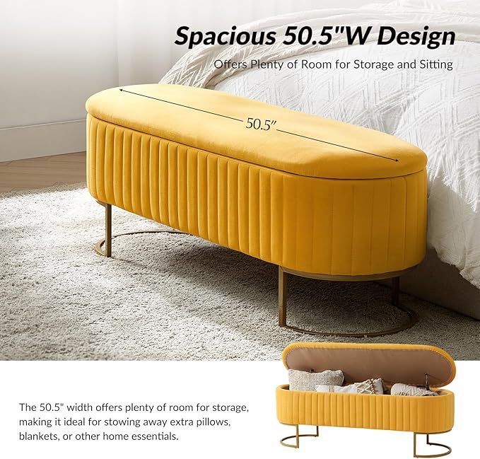 50.5” Velvet Storage Ottoman Bench with Gold-Toned Legs, Luxury Upholstered End of Bed Multi-Functional Footrest & Seat for Bedroom & Entryway