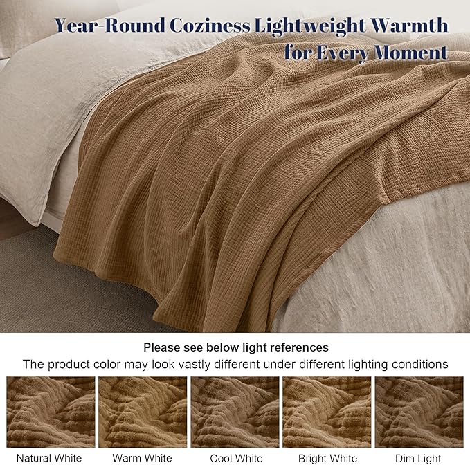 PHF 100% Cotton Muslin Throw XL Blanket Large 50" x 70", 4-Layer Lightweight Gauze Throw, Breathable Cloud-Soft Minimalist Blanket for Bed, Couch, Camping, Coco Brown, Ideal Gift